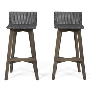 noble house la brea outdoor wood and wicker barstool in gray
