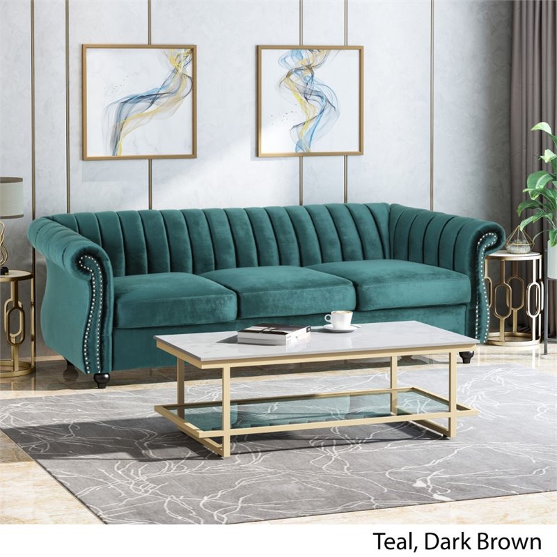 Noble House Bowie Velvet Sofa in Teal and Dark Brown