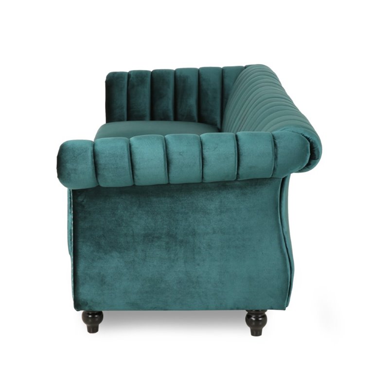 Noble House Bowie Velvet Sofa in Teal and Dark Brown