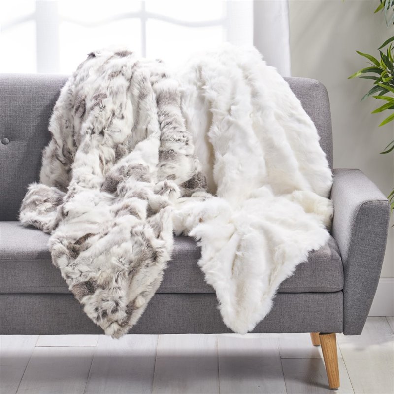 Akers Glam Faux Fur Throw Blanket by Christopher Knight Home - Gray and White