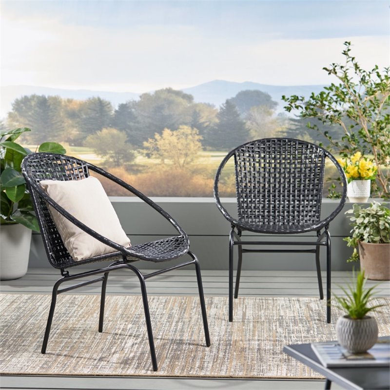 Noble House Java Outdoor Faux Rattan Club Chair in Black Set of 2