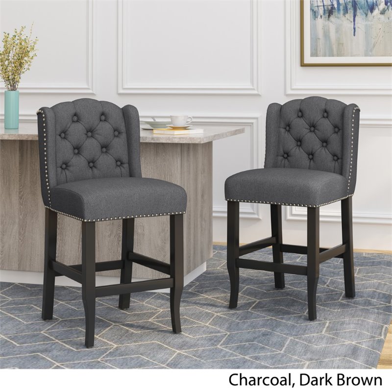 Noble House Foxcroft Wingback Counter Stool in Charcoal (Set of 2