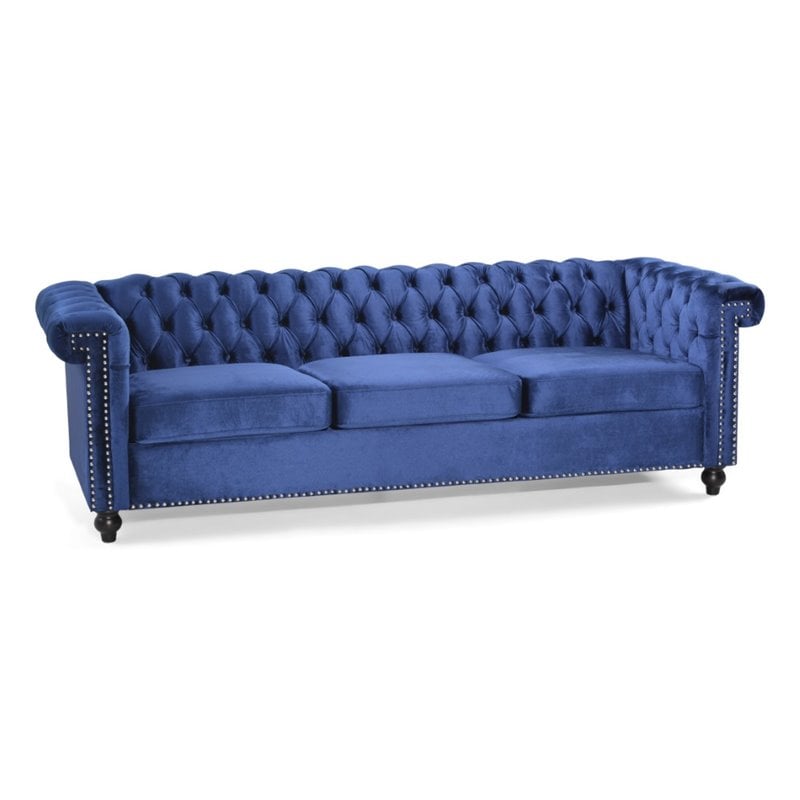 Noble House Parkhurst Tufted Chesterfield Velvet Sofa in Midnight Blue and Brown Cymax Business