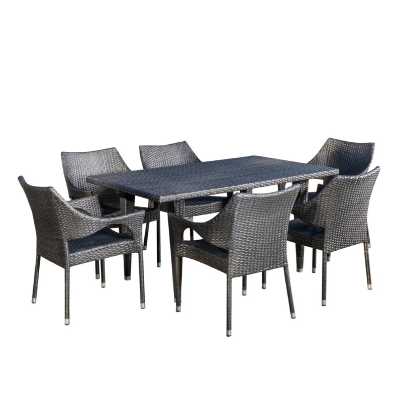 Noble House Cliff 7 Piece Outdoor, Cliff Grey Wicker Outdoor Dining Chair
