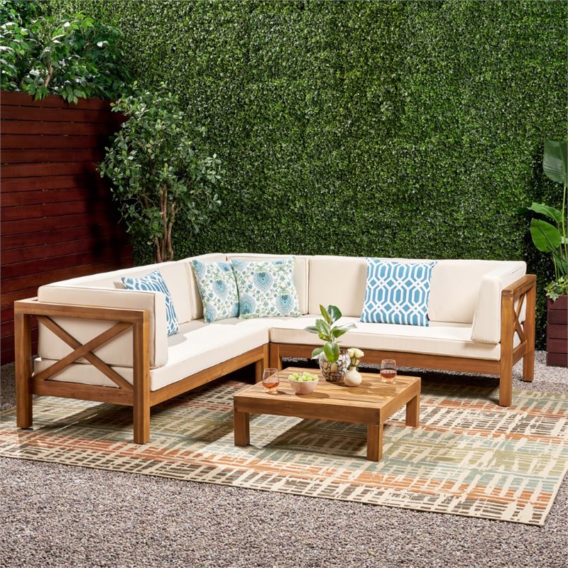 Noble House Brava 4 Piece Outdoor Acacia Wood Sectional Sofa Set in Beige Cymax Business