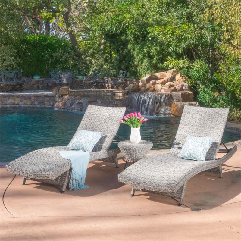 Noble House Crete 3 Piece Outdoor Wicker Chaise Lounge Set in Gray BushFurnitureCollection