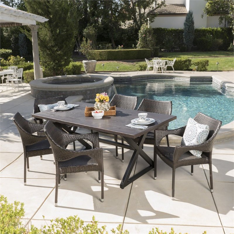Noble House Grayson 7 Piece Outdoor Wicker Dining Set in Multibrown