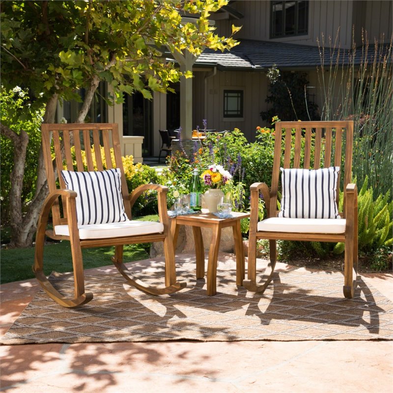 Noble House Cayo Outdoor Acacia Wood Rocking Chair Conversation