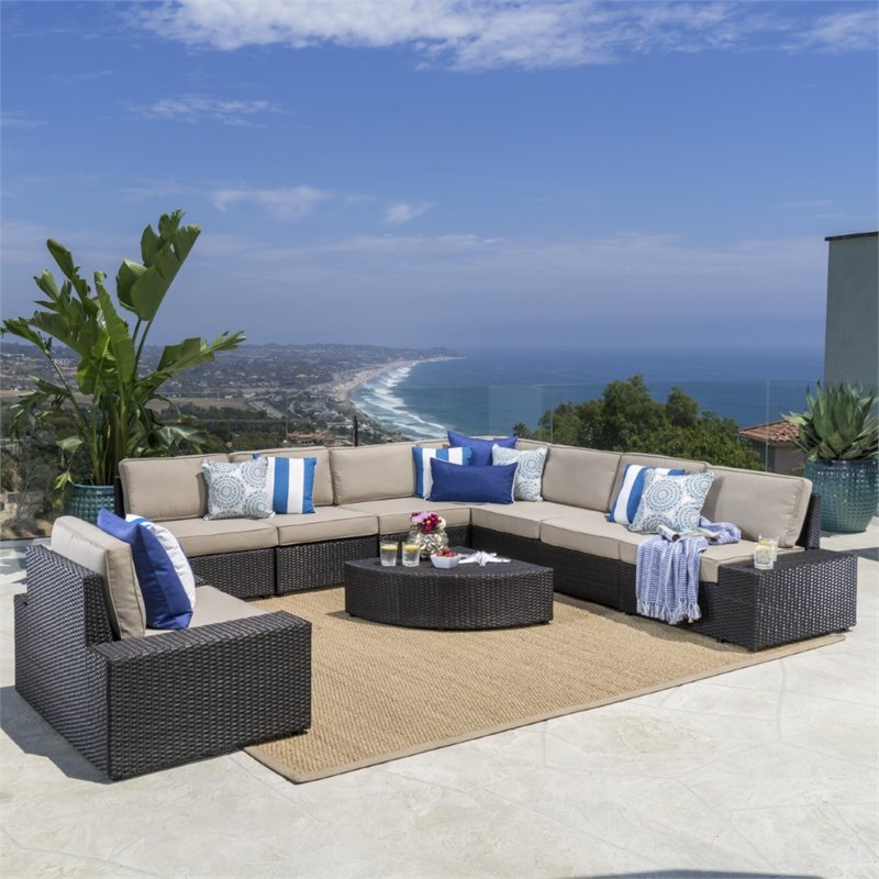 Noble House Santa Cruz 9 Piece Outdoor Wicker Sectional Sofa Set