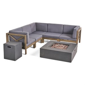 noble house brava 7 piece outdoor acacia wood sectional sofa set in gray