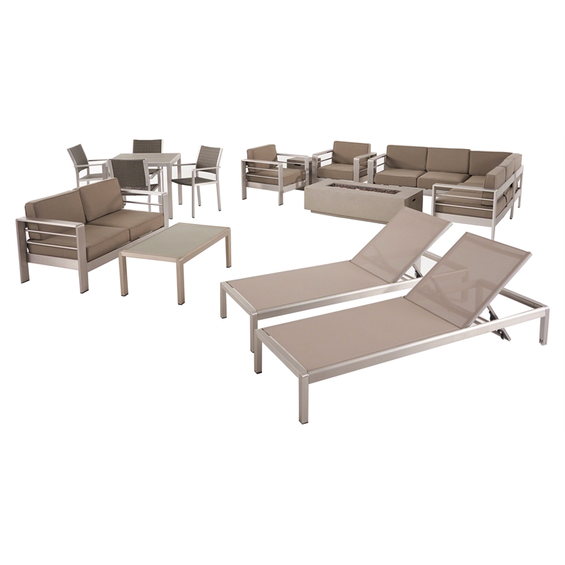 Noble House Cape Coral 16-Piece Outdoor Estate Collection with Firepit in Silver