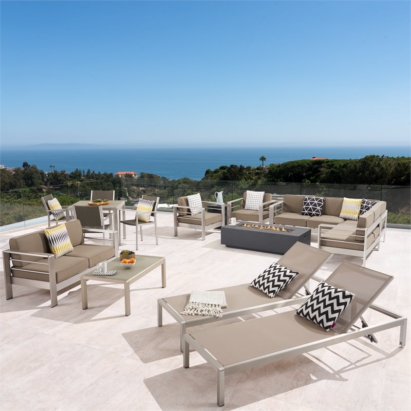 Noble House Cape Coral 16-Piece Outdoor Estate Collection with Firepit in Silver