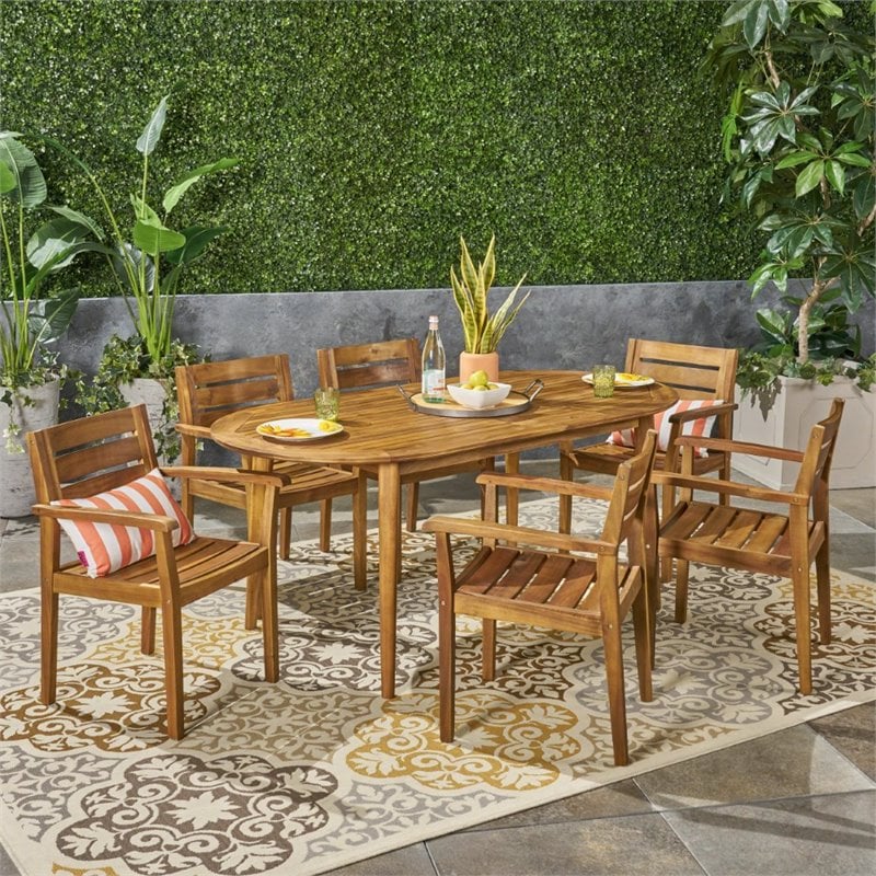 Noble House Midvale 7 Piece Outdoor Acacia Wood Dining Set in Teak