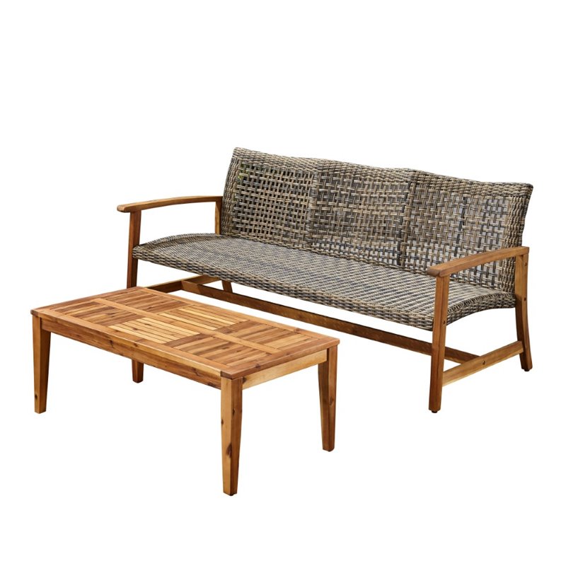 Noble House Hampton Outdoor Wood and Wicker Sofa and Coffee Table