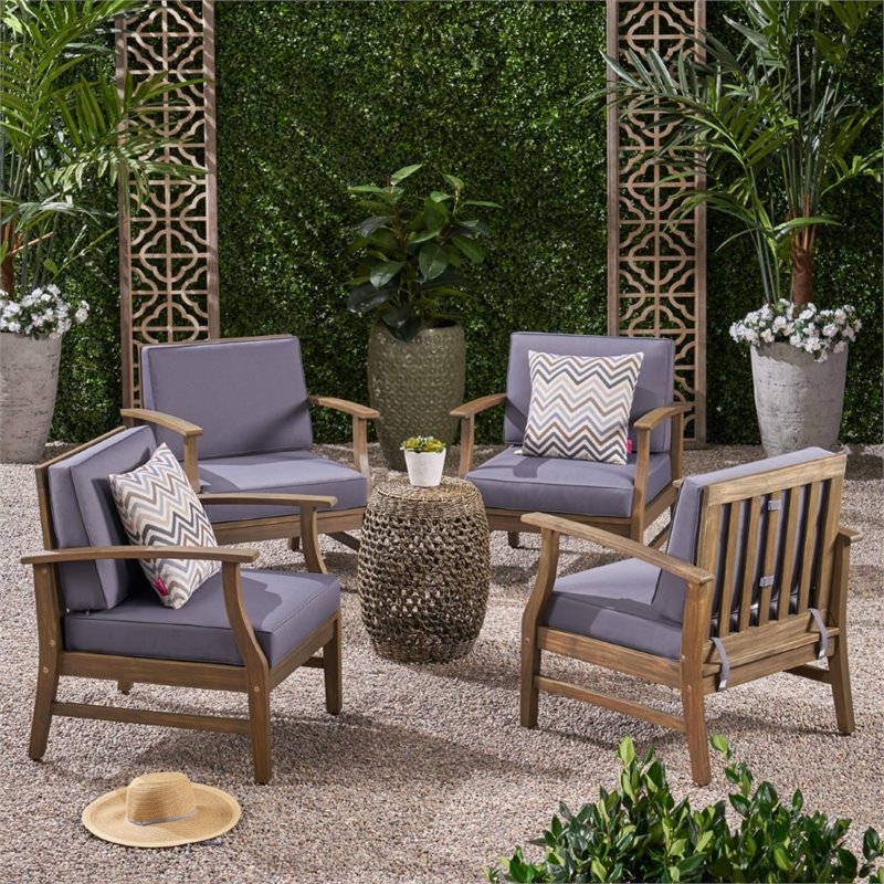 Noble House Perla Outdoor Acacia Wood Club Chair in Dark Gray Set of 4 BushFurnitureCollection