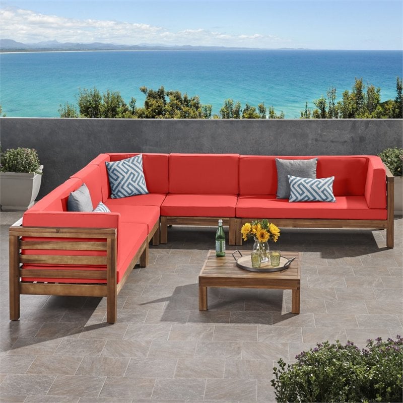 Noble House Oana 6 Piece Outdoor Acacia Wood Sectional Sofa Set in Red