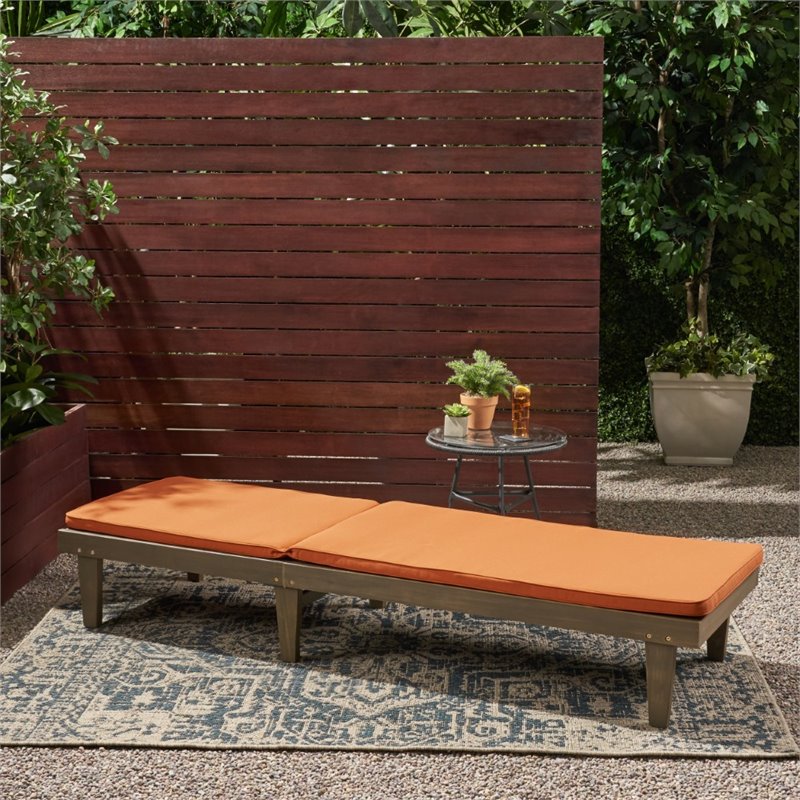 Noble House Nadine Outdoor Acacia Wood Chaise Lounge in Gray and Orange