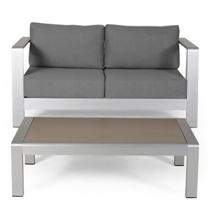 noble house bayport outdoor aluminum loveseat and coffee table in silver