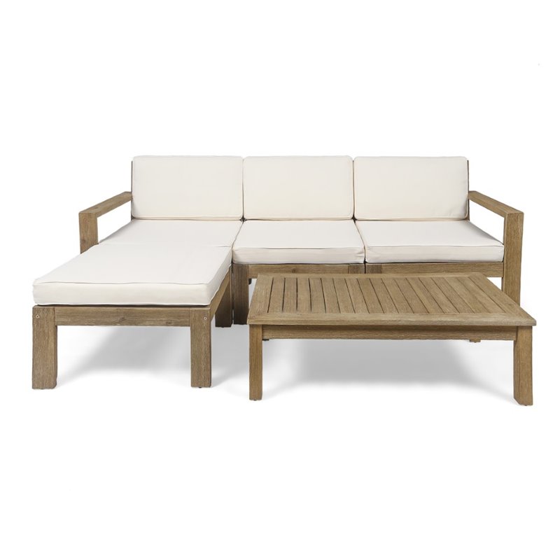 Noble House Santa Ana 5 Piece Outdoor Acacia Wood Sectional Sofa In Cream 309352