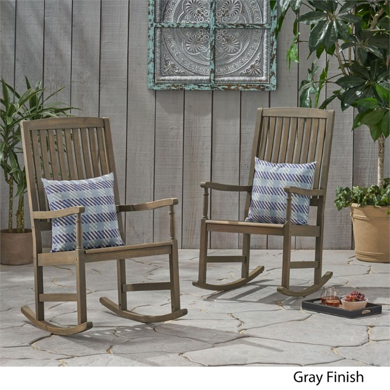 Noble House Arcadia Outdoor Acacia Wood Rocking Chair in Gray (Set of 2)