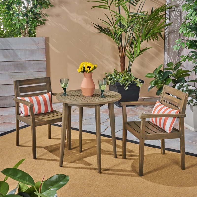 Noble House Stamford 3-Piece Outdoor Acacia Wood Bistro Set in Gray