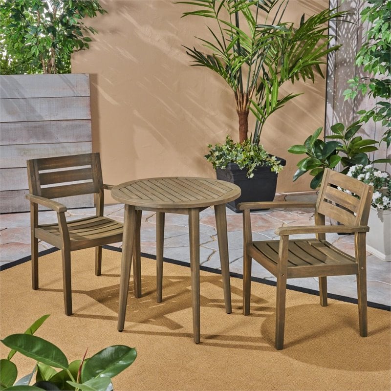 Noble House Stamford 3-Piece Outdoor Acacia Wood Bistro Set in Gray