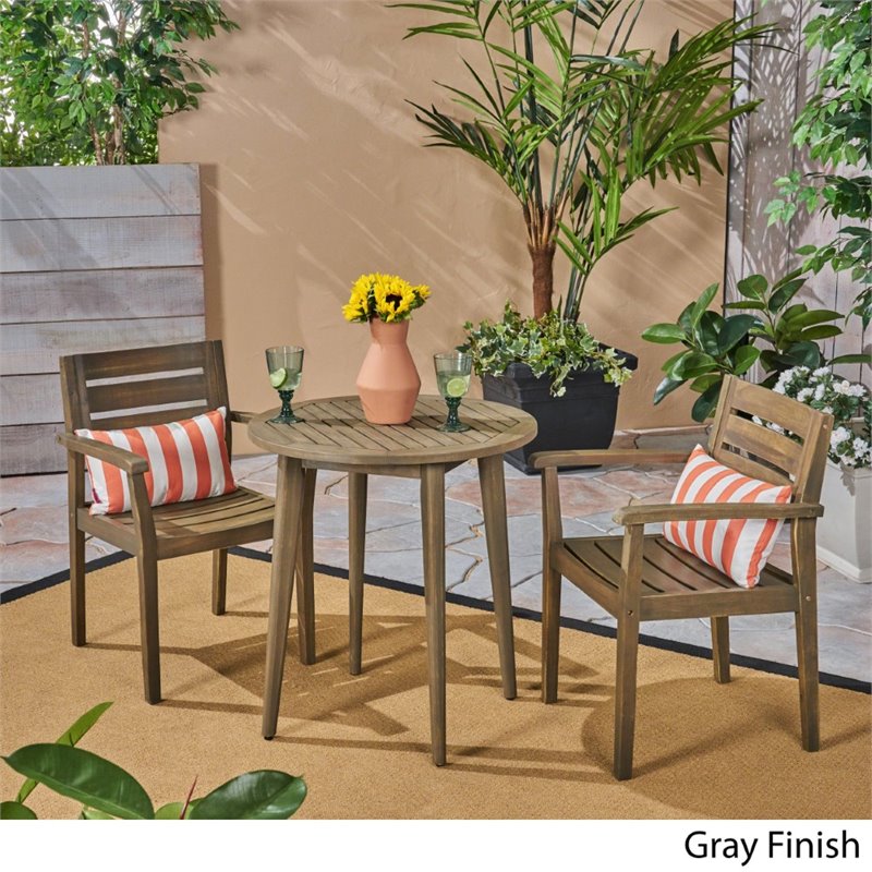 Noble House Stamford 3-Piece Outdoor Acacia Wood Bistro Set in Gray