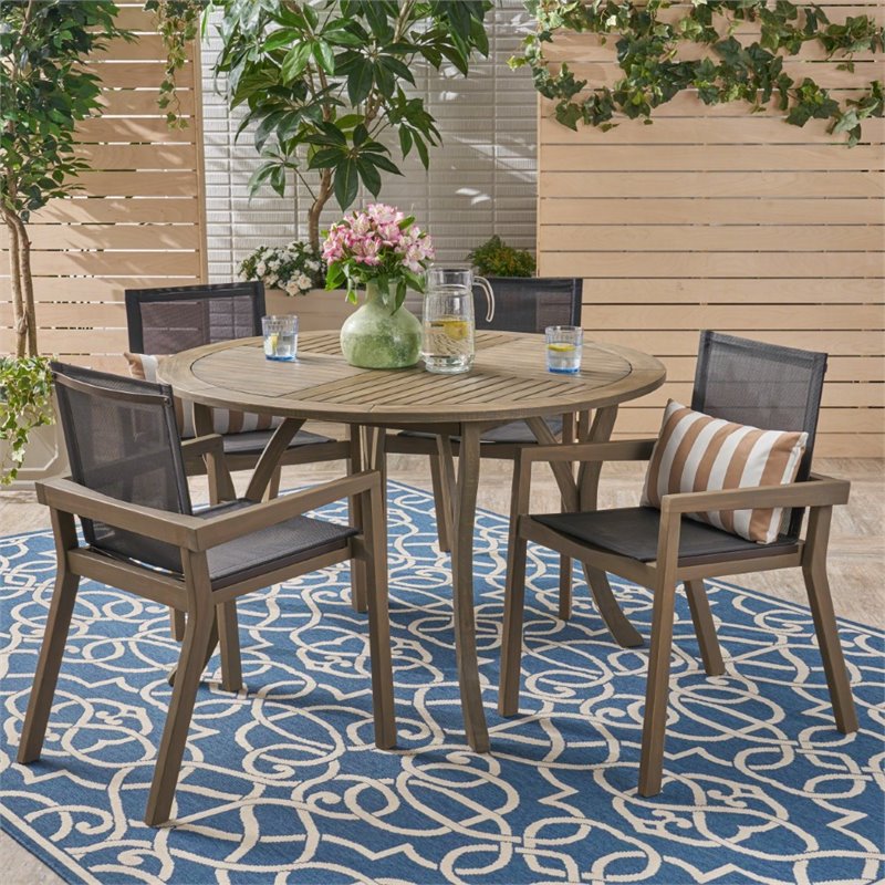 Noble House Lockett 5 Piece Outdoor Round Dining Set in Gray and Black