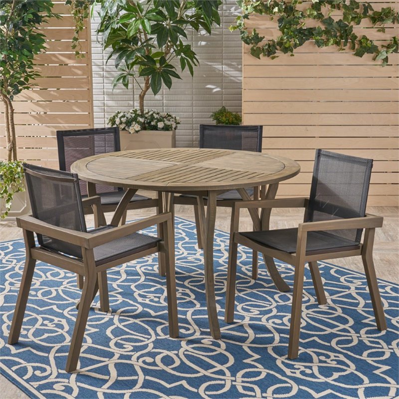 Noble House Lockett 5 Piece Outdoor Round Dining Set in Gray and Black