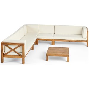 noble house brava outdoor 7 seater acacia wood sectional sofa set teak and beige