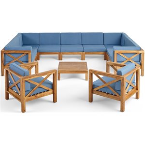 noble house brava 11-seater wood sectional sofa/club chair set teak and blue