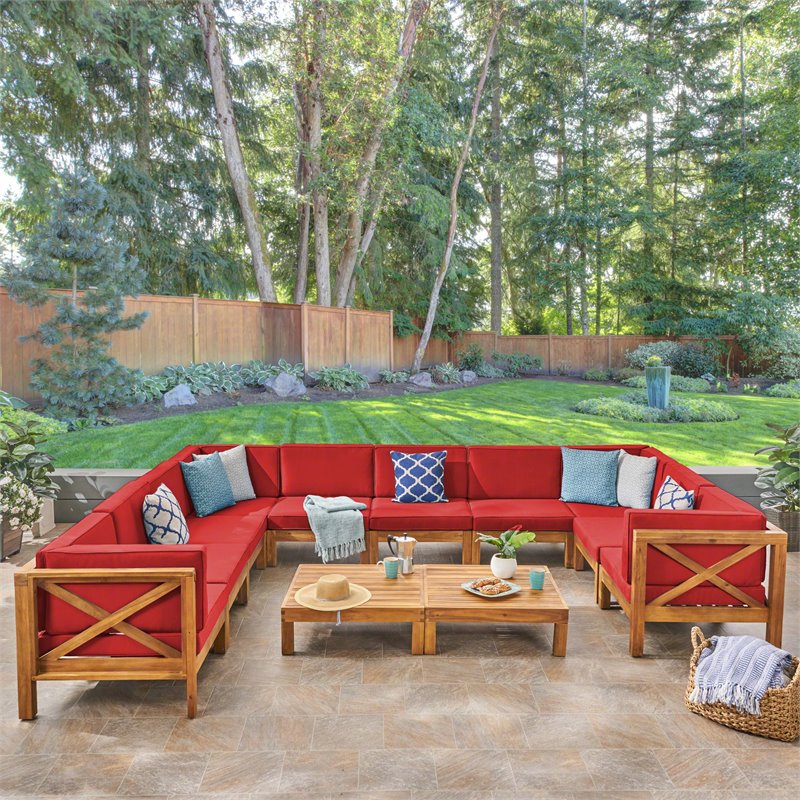 Noble House Brava Outdoor Wood 10 Seater UShaped Sectional Sofa Set