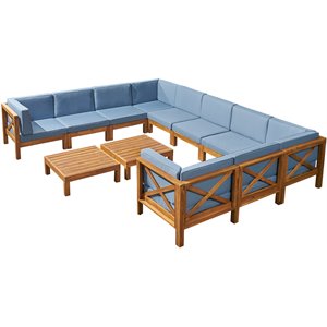 noble house brava outdoor wood 10 seater u-shaped sectional sofa set teak/blue