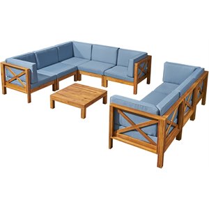 noble house brava wood 8 seater sectional sofa set with coffee table teak/blue