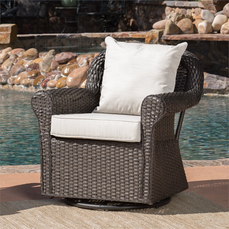Amaya Outdoor Dark Brown Wicker Swivel Rocking Chair - Beige Cushions