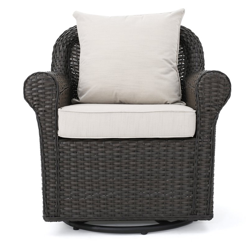 Amaya Outdoor Dark Brown Wicker Swivel Rocking Chair - Beige Cushions