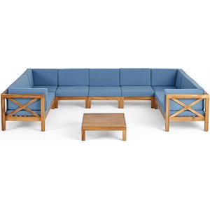 noble house brava outdoor 9 seater acacia wood sectional sofa set teak and blue