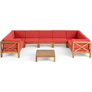noble house brava outdoor 9 seater acacia wood sectional sofa set teak and red