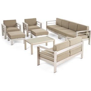 noble house cape coral outdoor aluminum 8-seater sectional sofa set silver/khaki