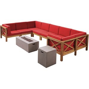 noble house brava wood 8 seater u-shaped sectional sofa set teak red/light gray