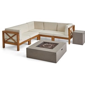noble house brava 5 seater sectional sofa set with fire pit teak beige/gray