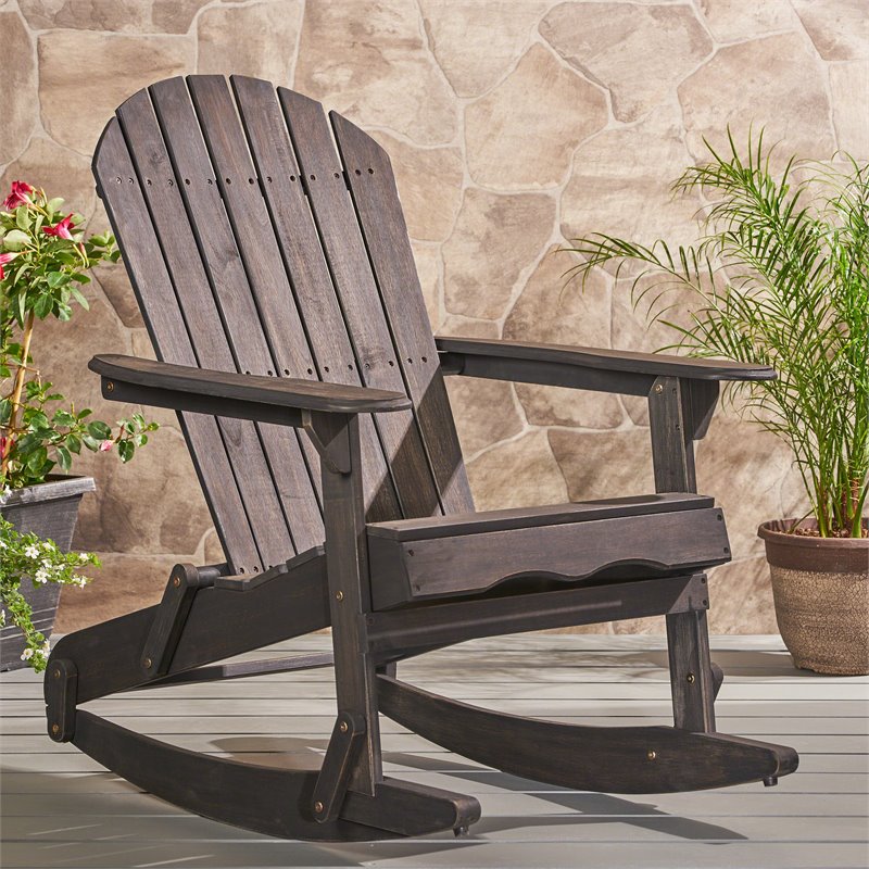 Noble House Malibu Acacia Wood Adirondack Rocking Chair in Dark Grey