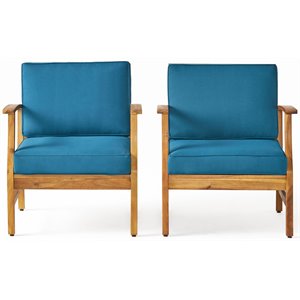 noble house perla outdoor teaked acacia wood chair blue cushion (set of 2)
