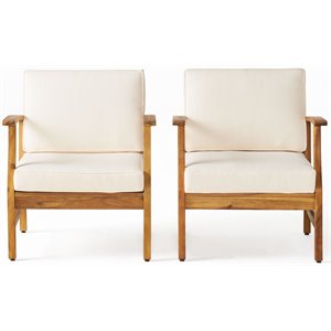 noble house perla outdoor teaked acacia wood chair with cream cushion (set of 2)