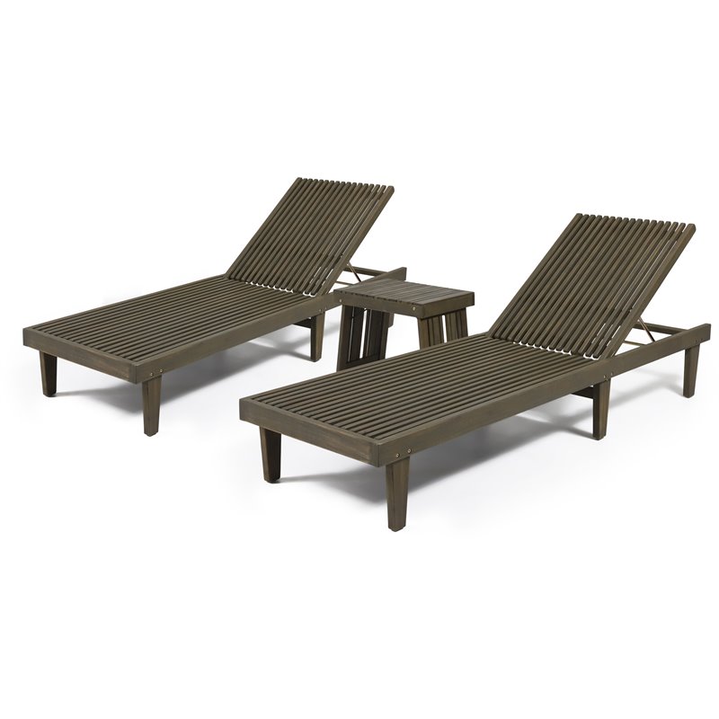 Noble House Nadine Outdoor Acacia Wood 3Pc Chaise Lounge Set Gray