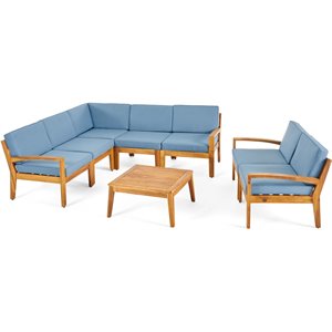 noble house grenada outdoor acacia wood 7 seater sectional sofa set teak/blue