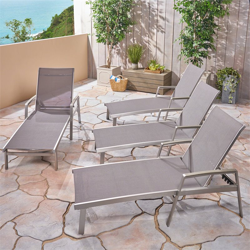 Noble House Oxton Outdoor Mesh and Aluminum Chaise Lounge (Set of 4