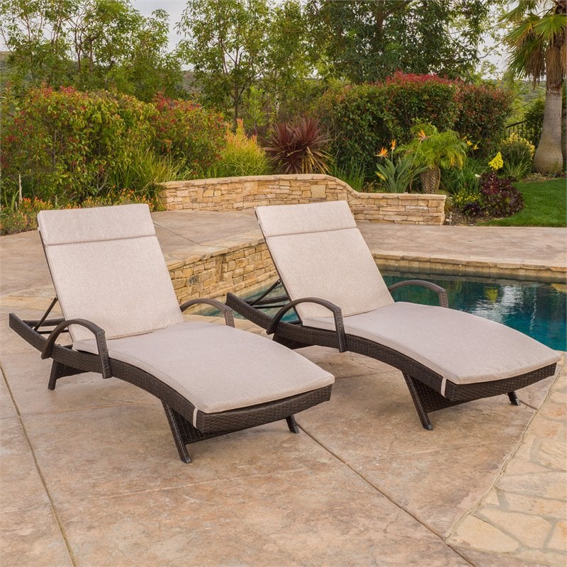 Noble House Salem Outdoor Wicker Armed Chaise Lounge Cushion Set