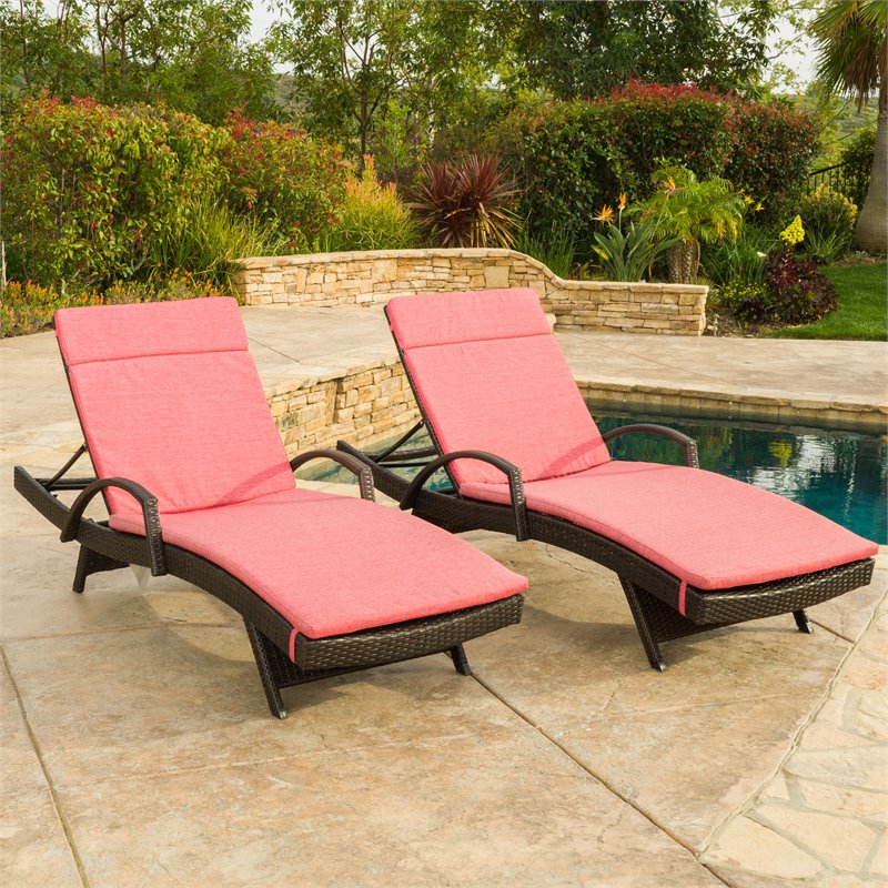 Noble House Salem Outdoor Wicker Adjustable Lounge withs Red cushion (Set of 2)