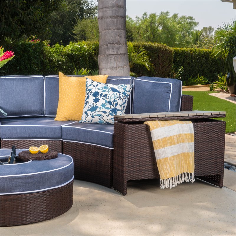 Madras Tortuga Wicker Navy Blue pc 1/2 Round Seating Set w/Ice